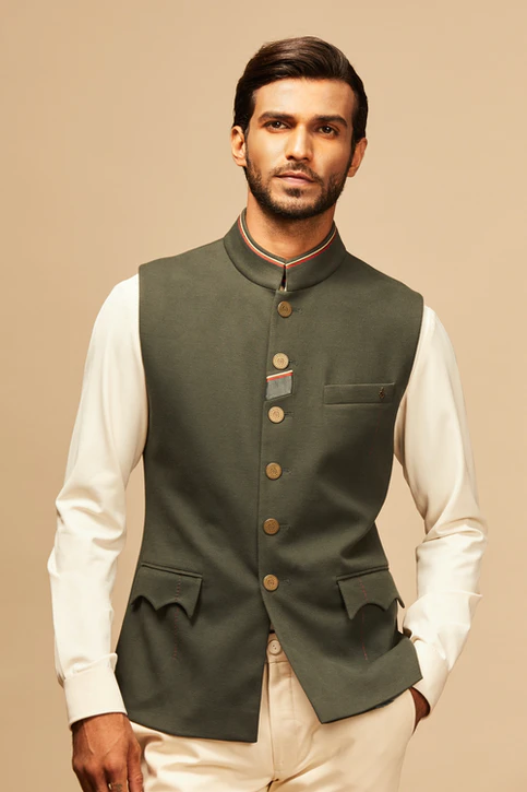 dark green Embroidered Rayon Nehru Jacket