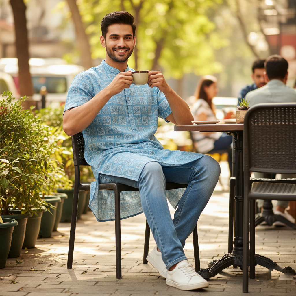 pista Printed Linen Short Kurta