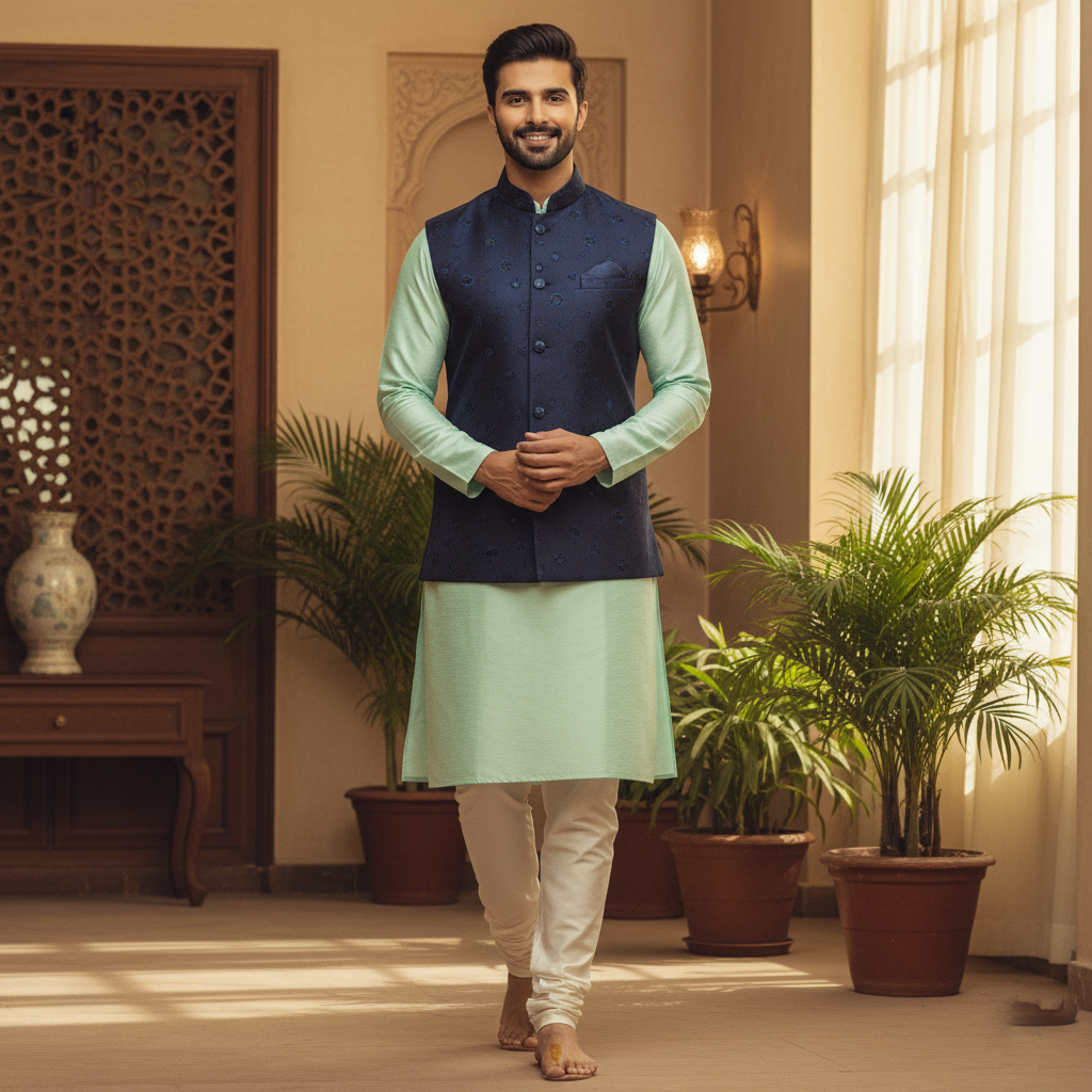 dark green Printed Linen Kurta Jacket Set